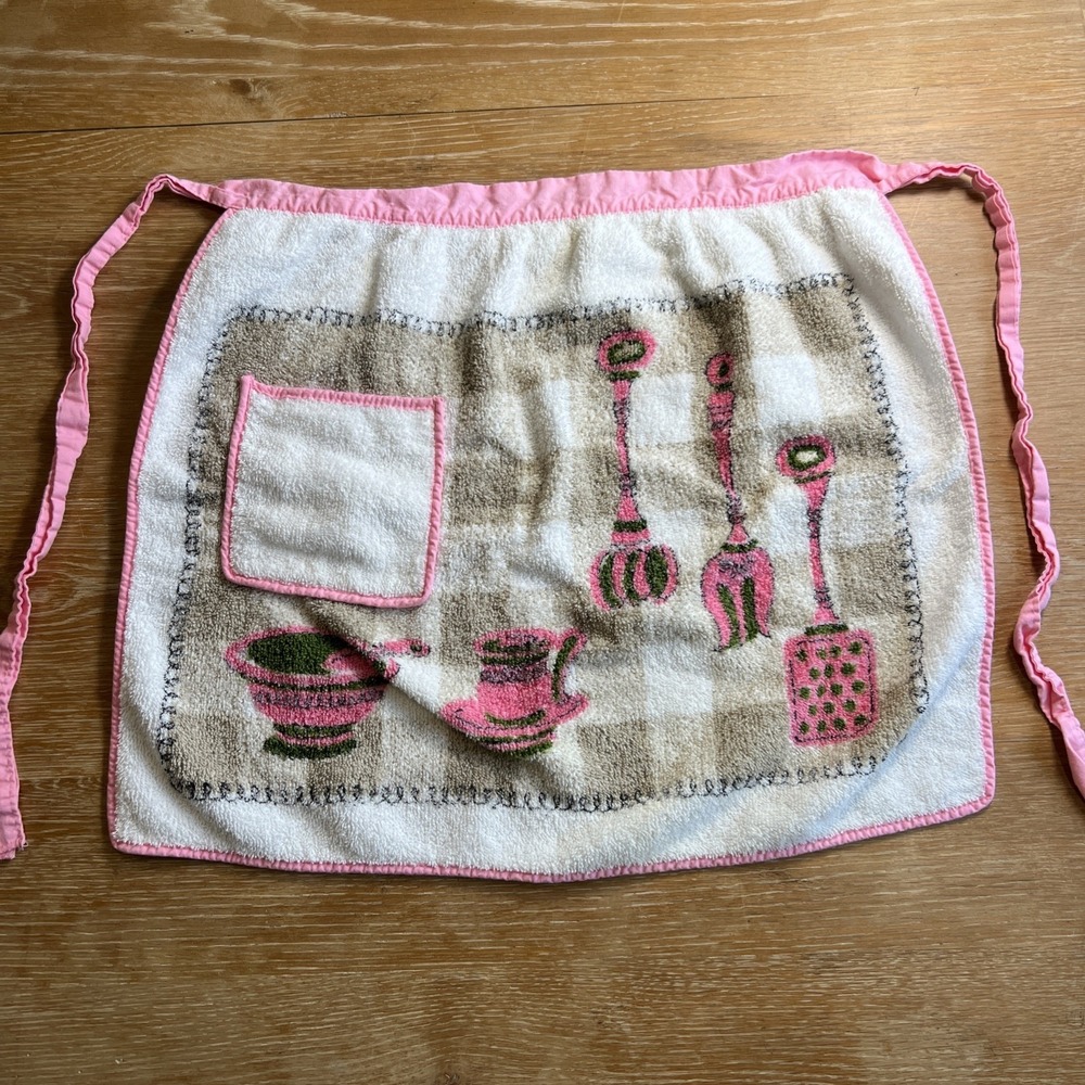 Vintage Mid Century  Floral Terrycloth Hostess Apron | Pink Trim Half Apron